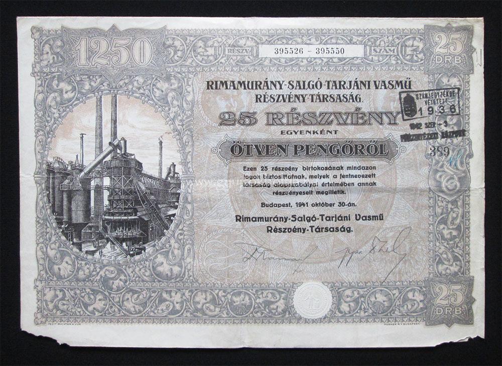 Rimamurány-Salgótarjáni Vasmű részvény 25x50 pengő 1941
